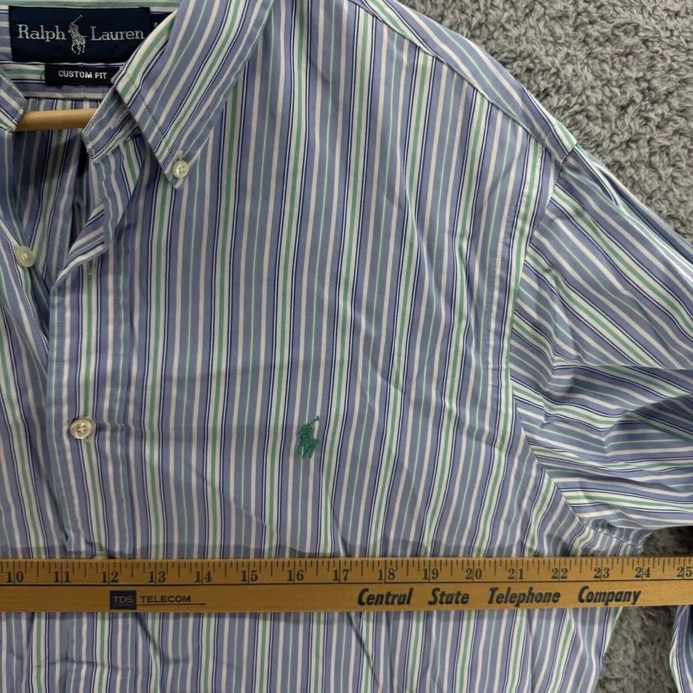 Ralph Lauren Custom‎ Fit Long Sleeve Button Shirt Men's 17 XL Blue Green Striped